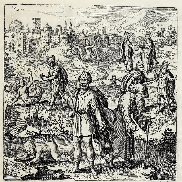 Emblem 12: The Stone which Saturn, after devouring his son, vomited up, is placed on Mount Helicon