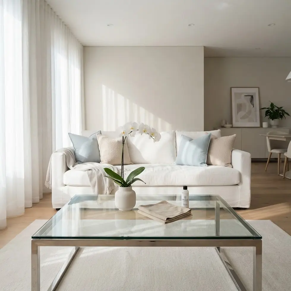 Interior photography of a minimalist living room featuring a white sofa with pastel cushions and a glass coffee table. The atmosphere is bright, serene, and elegant.