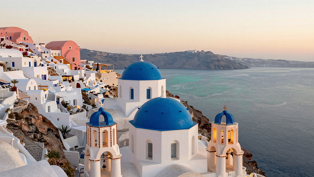 Blue domes in Santorini for international travel planning