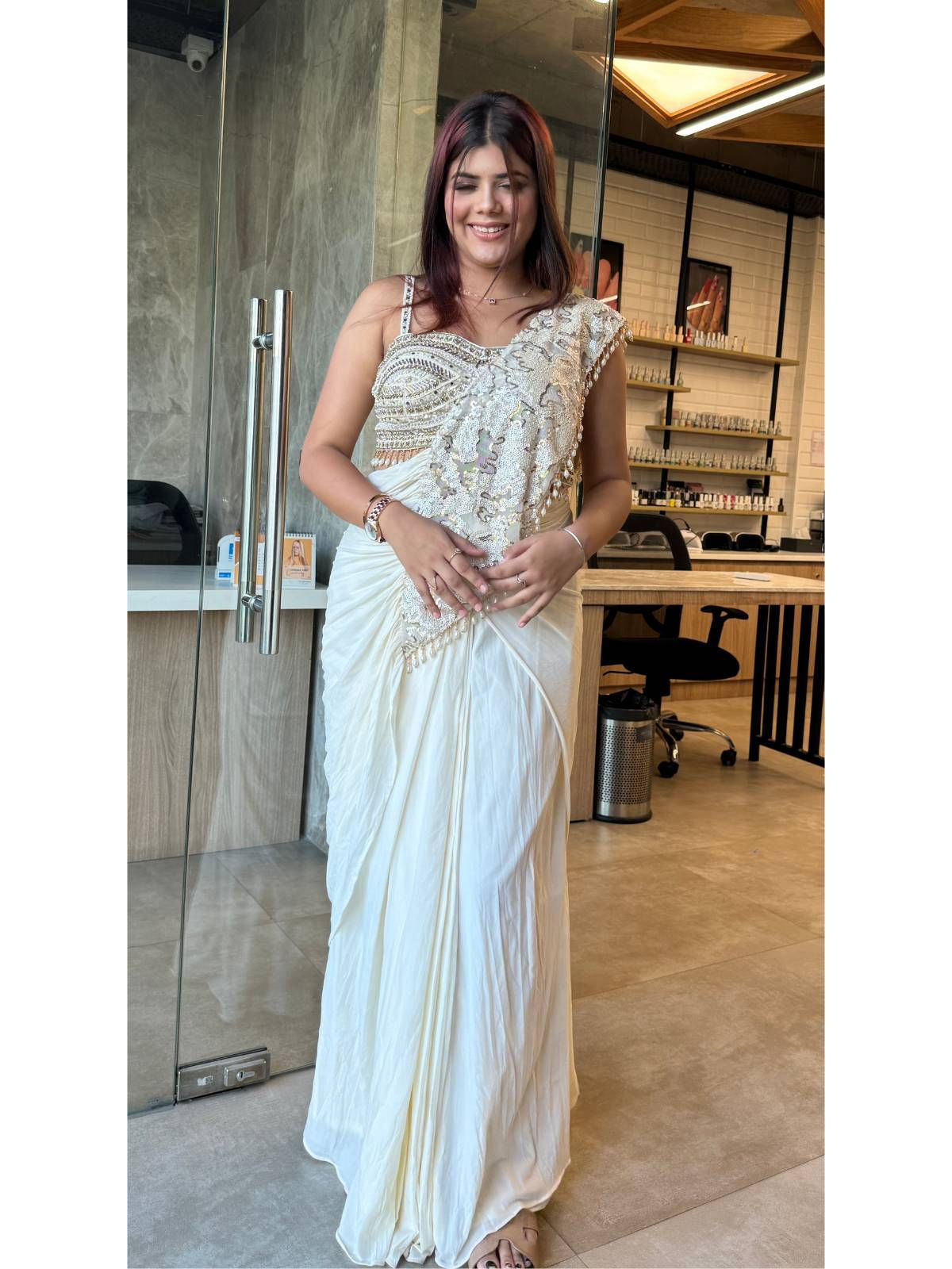 Ivory colored designer drape saare | Moh Ke Dhaage