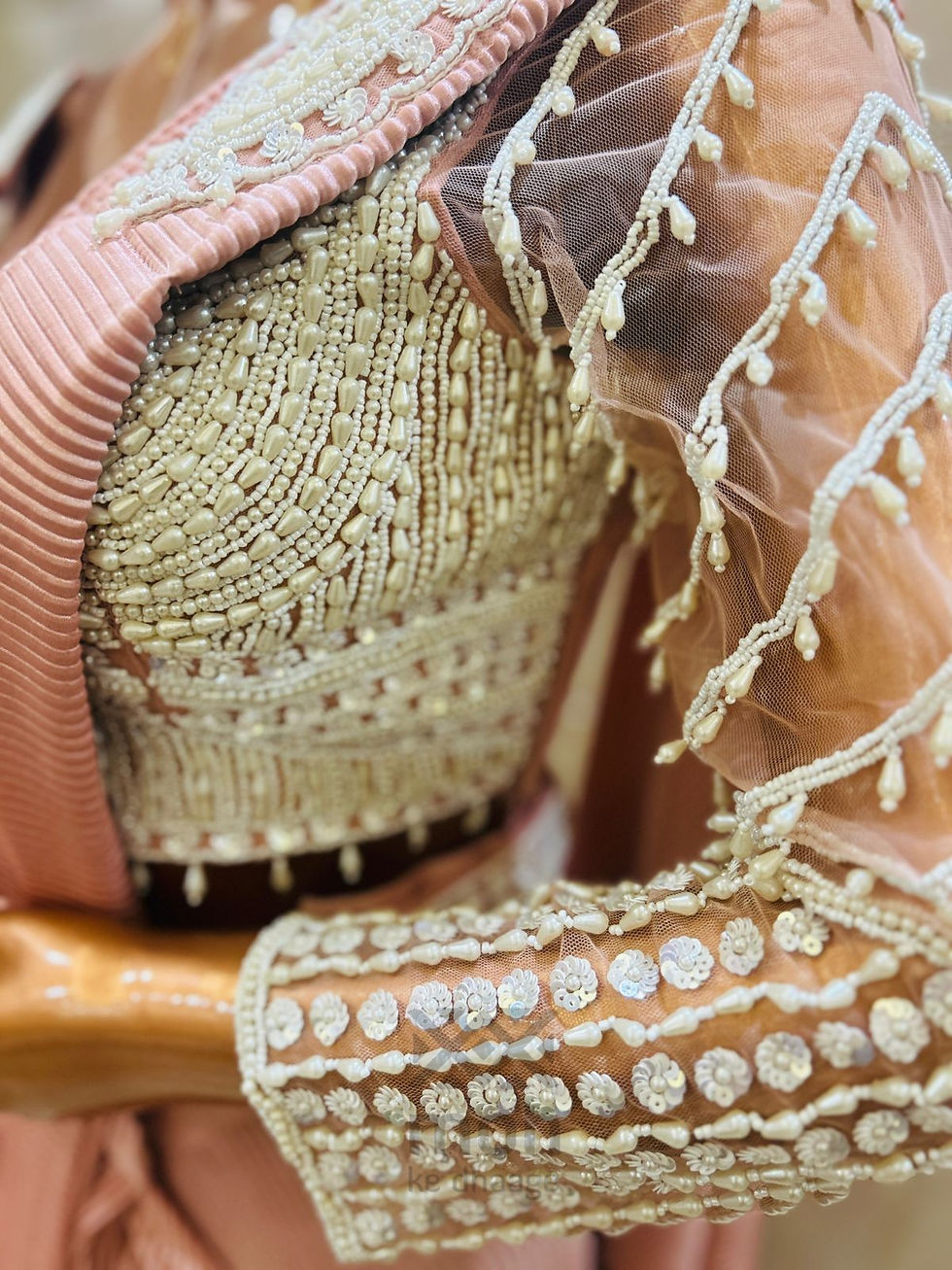 Thumbnail: Pearl and beads work blouse with imported cordroy fabric drape saare with belt