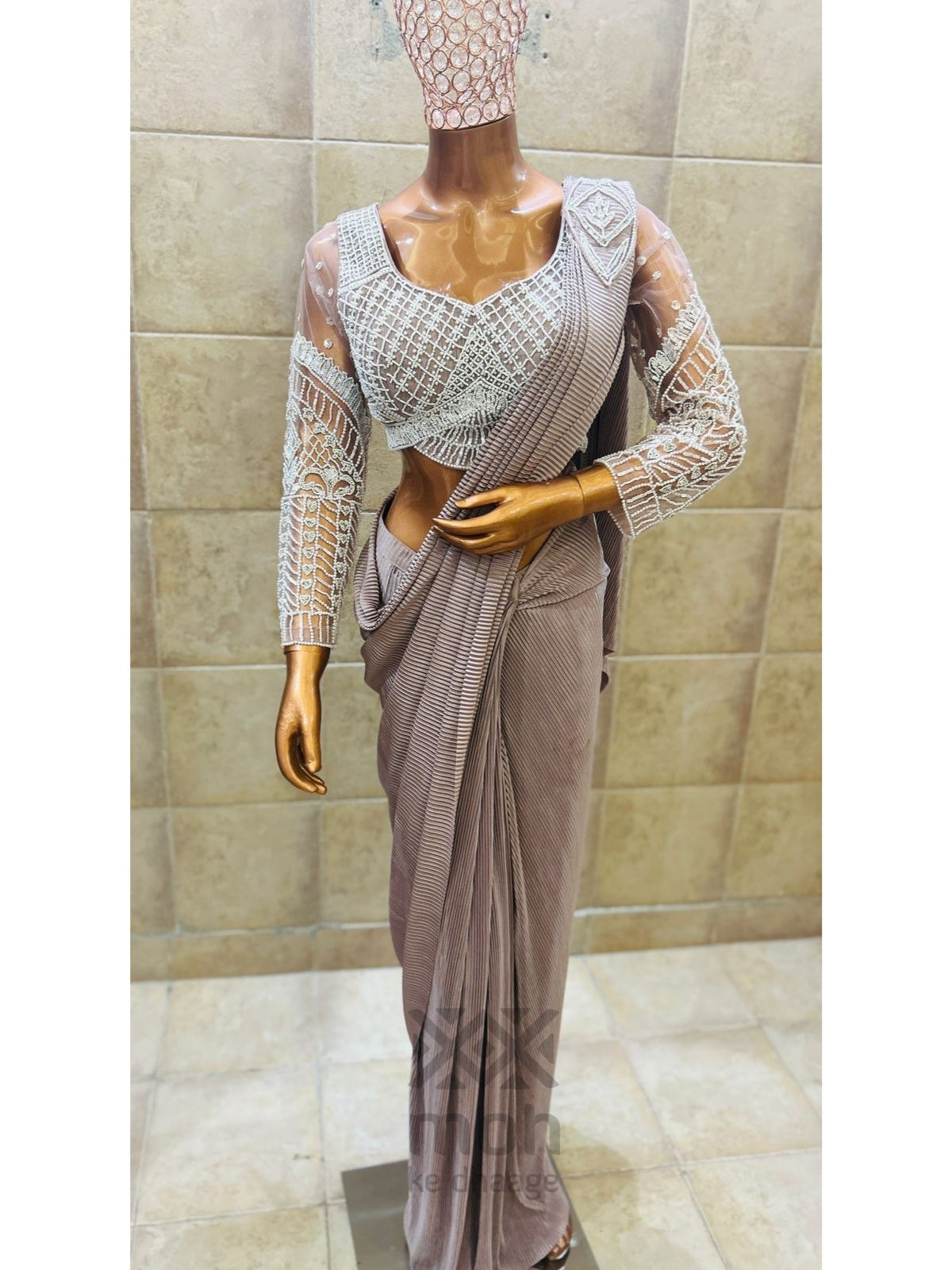 Pearl and beads work blouse with cordroy fabric drape saare with belt