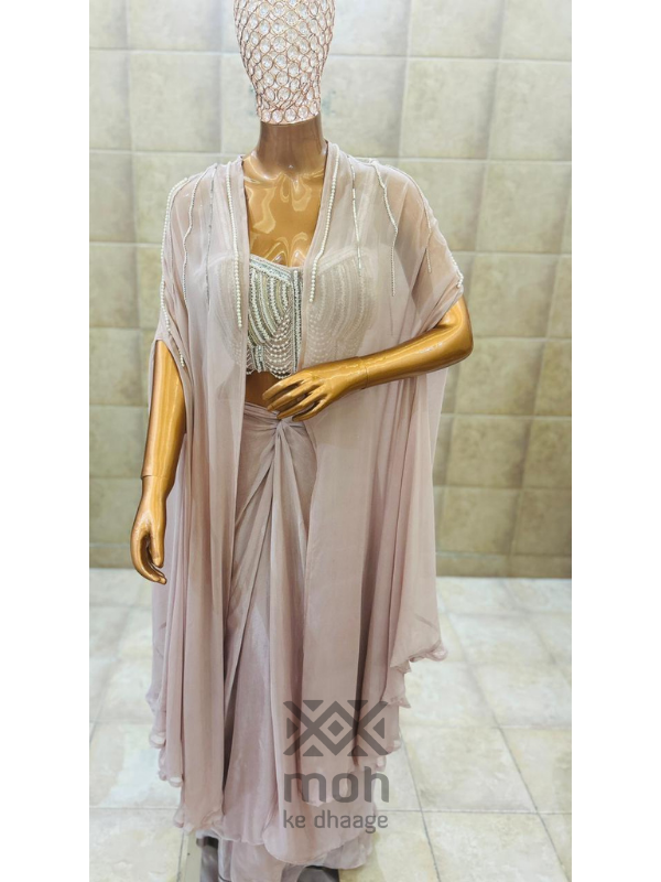 Thumbnail: Beads work crop top with dhoti (drape) skirt with shrug