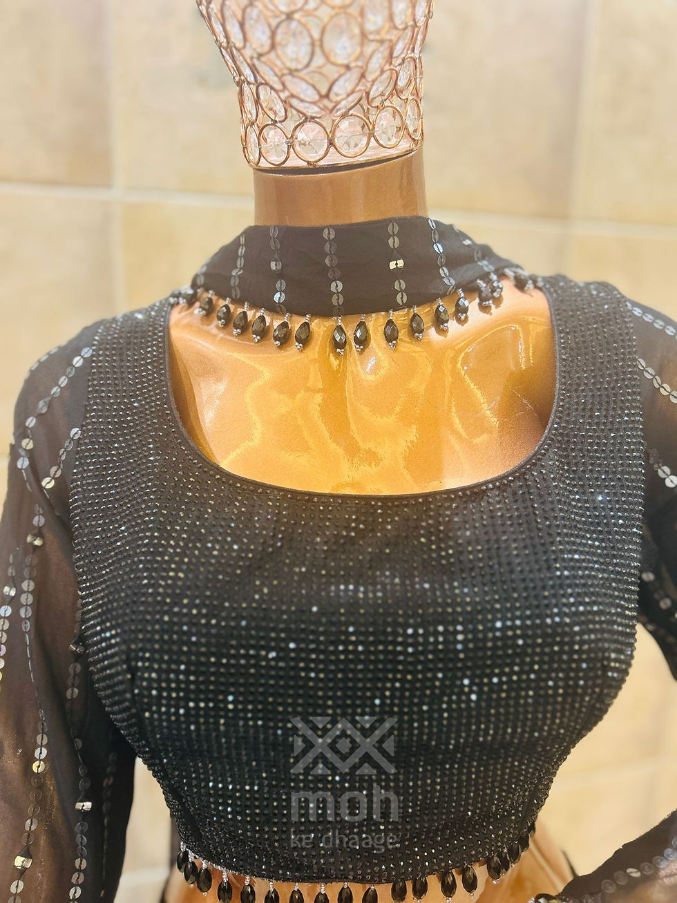 Thumbnail: Black swaroski work blouse with chinon pleating lehenga