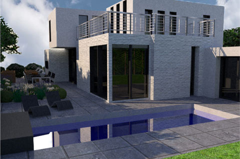 Création d'un jardin contemporain à Lille : patio face salon et piscine - modélisation 3D