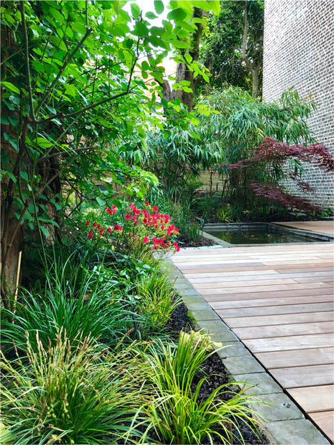 Création d'un jardin d'ombre avec terrasse en bois exotique à Lille