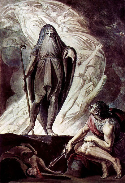 Tiresias aparece ante Odiseo durante el sacrificio - Heinrich Füssli (1785).jpg
