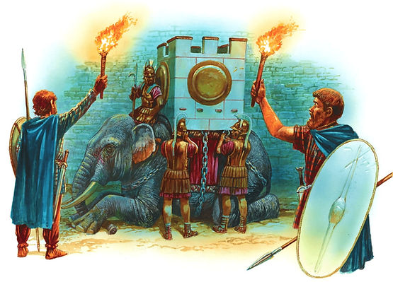 Soldados epirotas y gálatas desmontando las torres del elefante para que quepa en la ciudad - Autor Peter Dennis.jpg