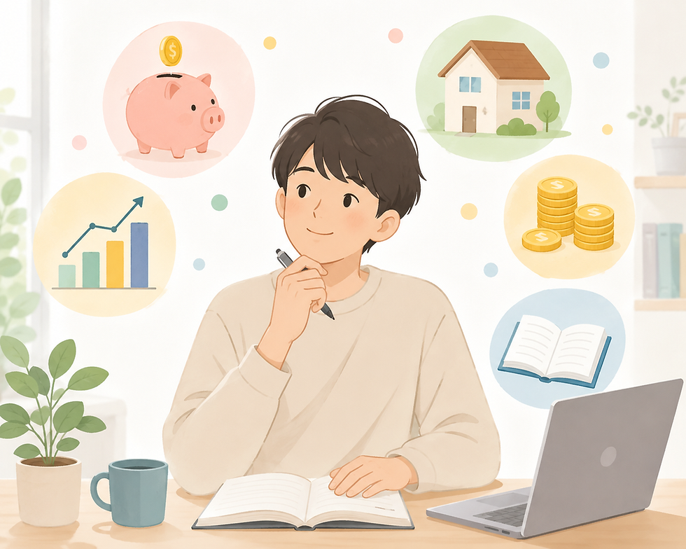 FIREに向けた勉強。貯金や投資、住宅、資産形成を考える男性。