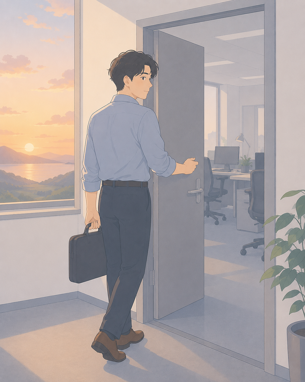 夕暮れ時にオフィスを退社しFIREとは何かを考える男性のイラスト