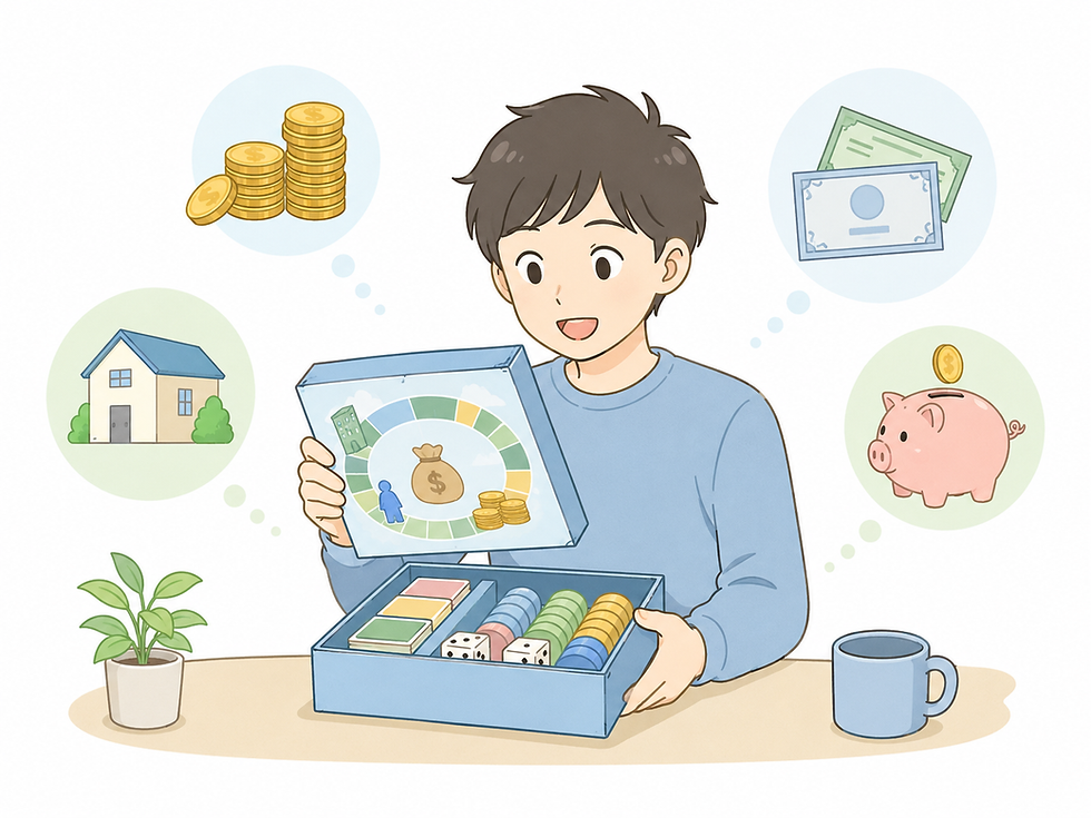 キャッシュフローゲームを開きルールを学ぶ男性のイラスト