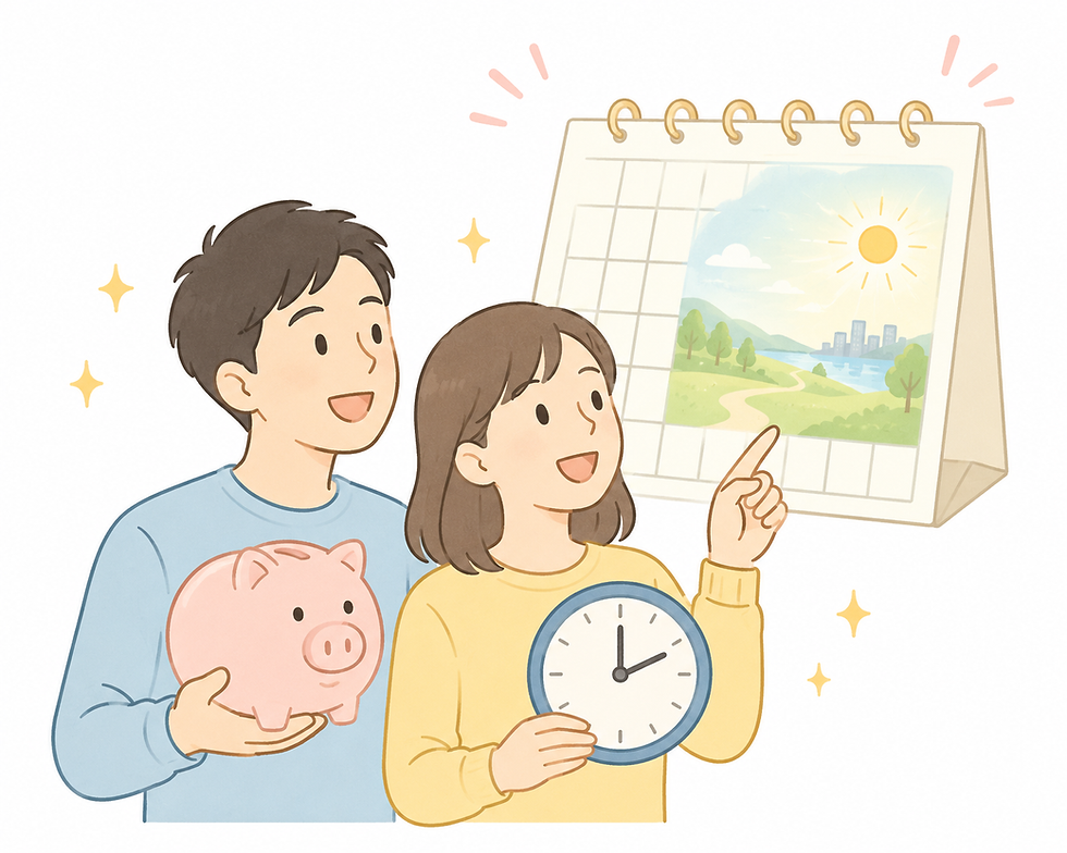 貯金箱と時計を持ちカレンダーでFIREで早期退職を実現する方法を計画する男女