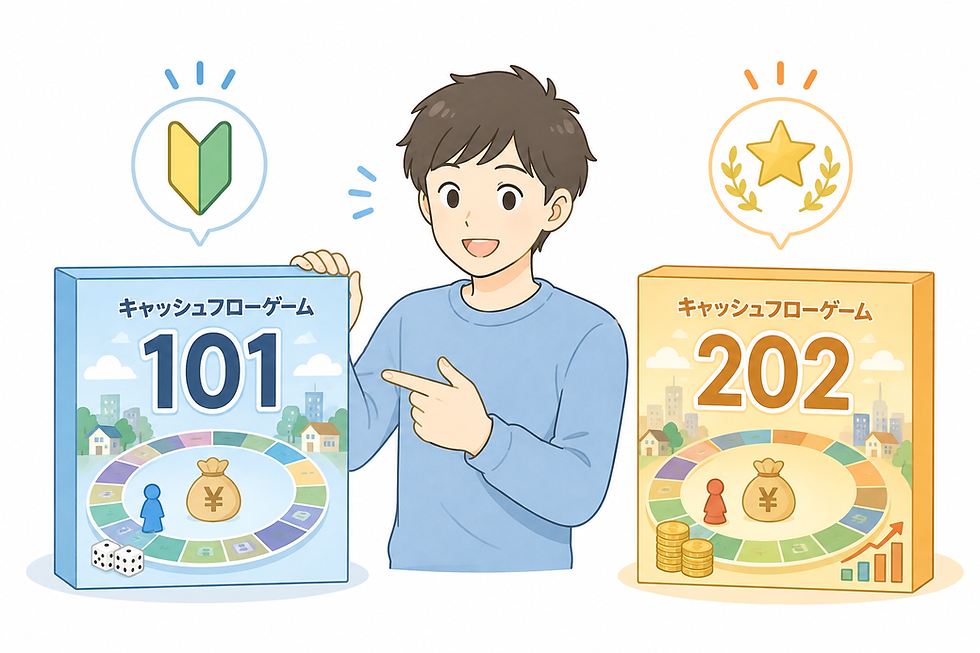 キャッシュフローゲーム101と202の日本語版を紹介する男性のイラスト