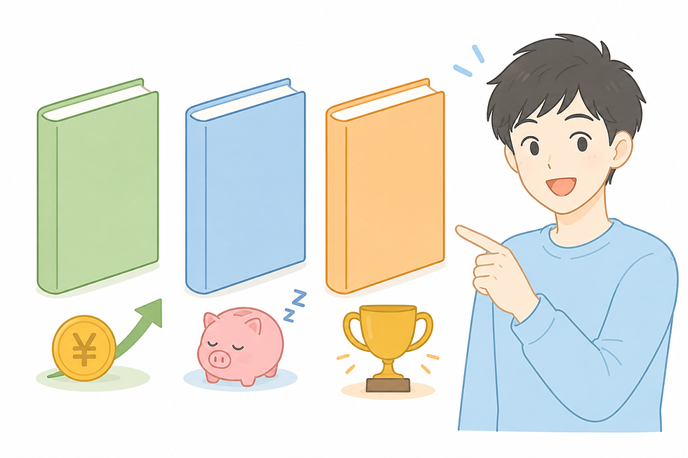 FIREを学ぶためのおすすめ本を指さして紹介する男性のイラスト