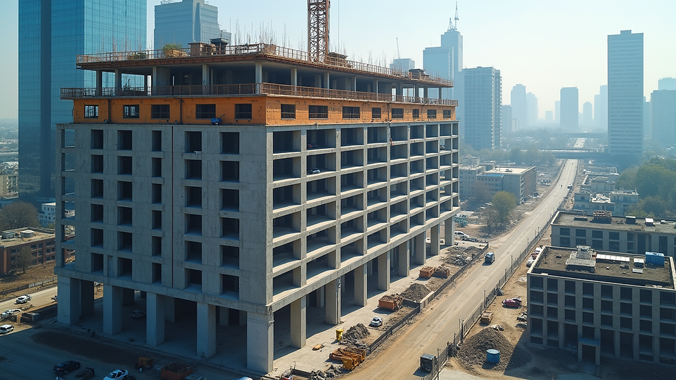 High angle view of a commercial office building under construction