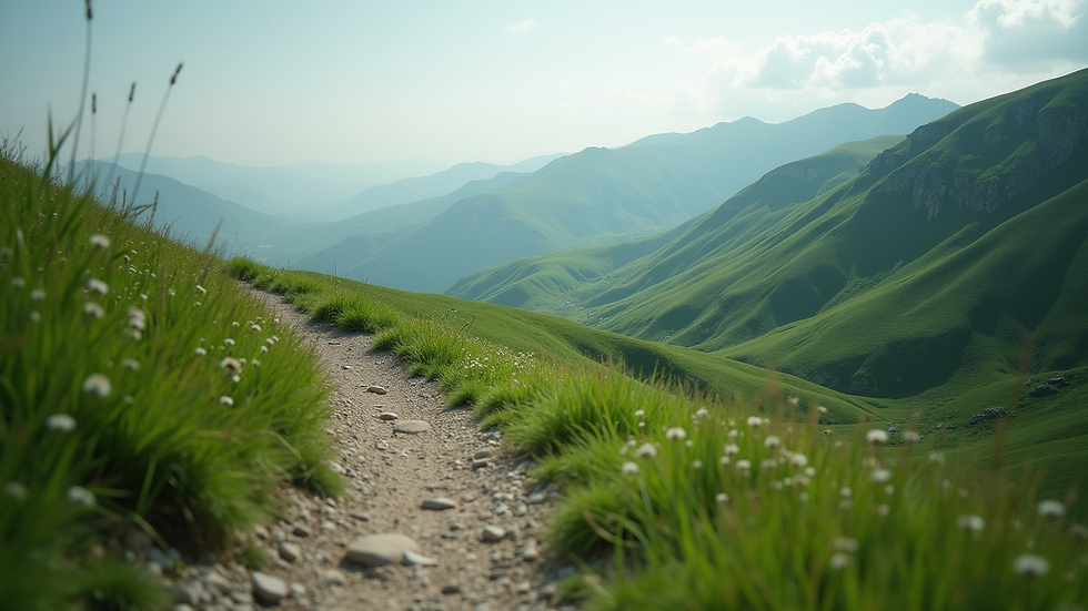 Eye-level view of a mountain trail winding through lush green hills
