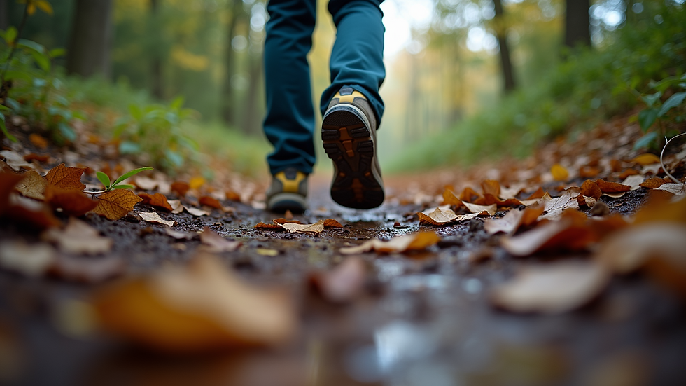 Eye-level view of trekking shoes on a forest trail with wet leaves