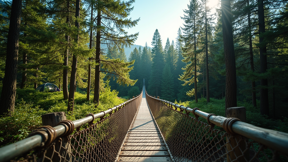 Eye-level view of rope bridge at Camp Cherry Farm surrounded by lush greenery