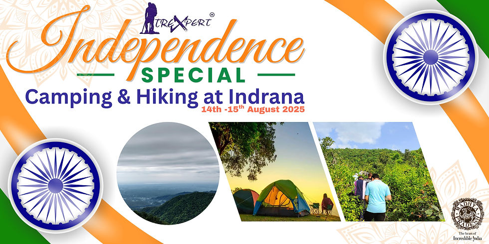 Independence Special camping event with tents and hikers in scenic green hills. Dates: 14-15 Aug 2025. Indian flag colors and logo.