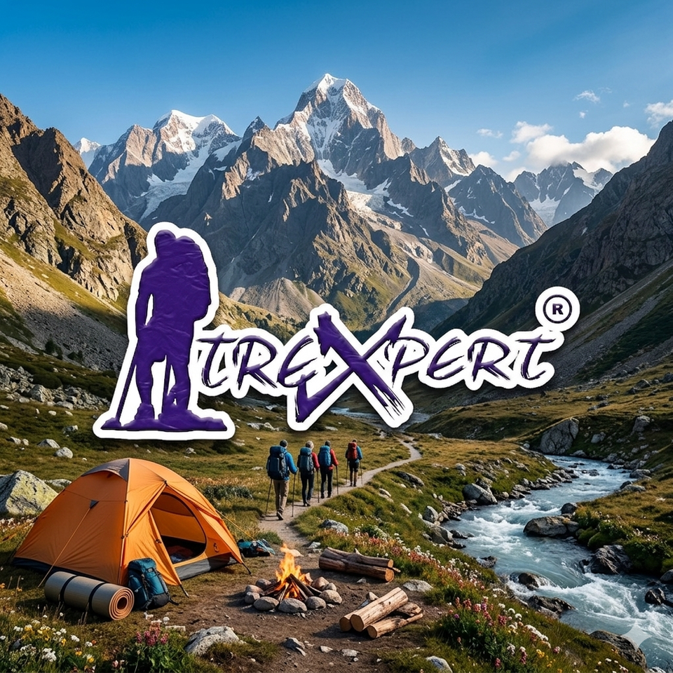 TUREXPERT logo over mountain valley with tent, campfire, and hikers