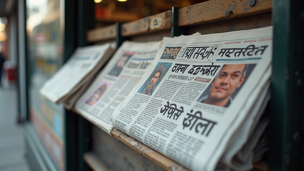Eye-level view of a newspaper stand with various Hindi newspapers