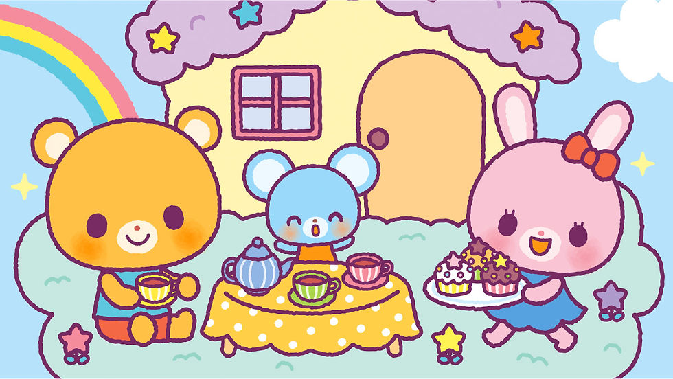 雲の家でお茶会をするかわいい動物たちのイラスト