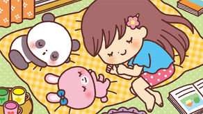 昼寝をするパンダとウサギと女の子イラスト