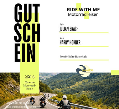 Gutschein für Motorradreisen – 250 € Beitrag als Geschenk für Motorradfahrer
