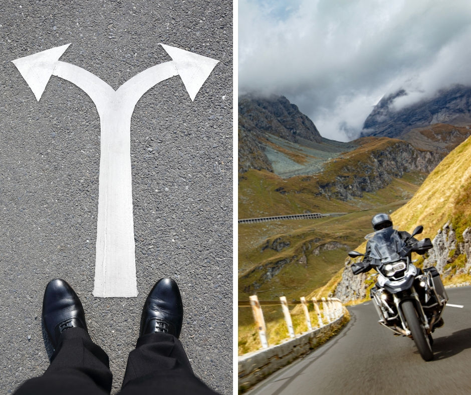 Motorradreisen planen: Entscheidung zwischen verschiedenen Wegen und Motorrad auf kurviger Bergstraße