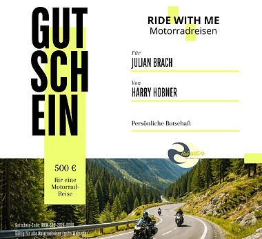 Gutschein für Motorradreisen – 500 € Beitrag zu einer Motorradreise als Geschenk