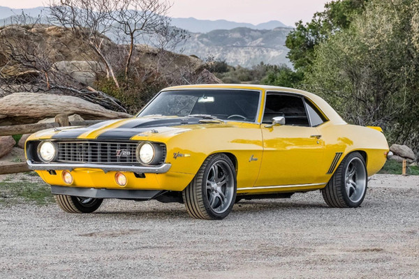 1969 Chevrolet Camaro Z/28 in Yellow (black racing stripes), film and TV classic picture car rental, Los Angeles