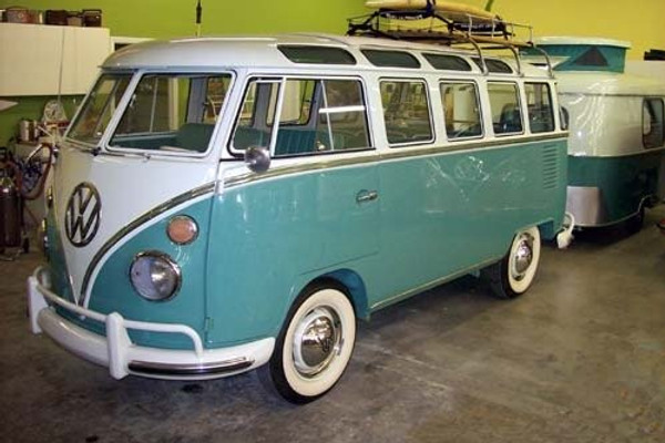 1963 Volkswagen 23 Window Van & Trailer in Teal, film and TV classic picture car rental, Los Angeles