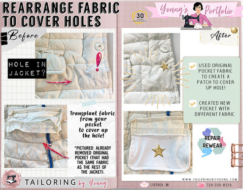 Rearrange jacket fabric to cover holes  with Tailoring by Young! See Expert Seamstress, Young's Sewing Pictures (Before/After) with all of her Authentic, Custom Clothing Alterations! Livonia, Michigan. Hole in your jacket? Don't have matching fabric? Take hidden matching fabric from your jacket's pocket, and create a patch to cover your hole! Then, Young created a new pocket with different fabric! No one sees the inside of a pocket anyway! Repair to Rewear!