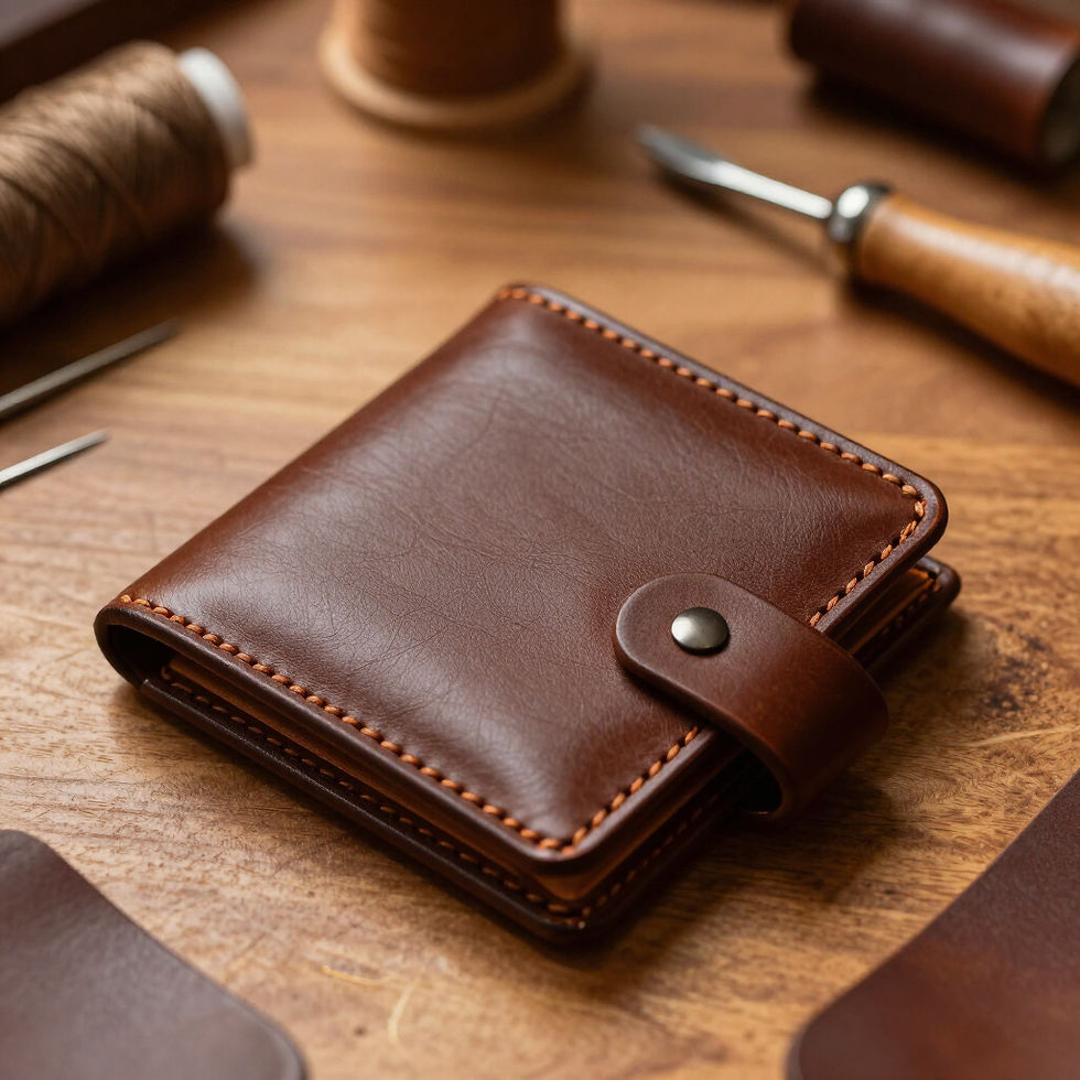 Handcrafted leather wallet on a wooden desk with tools