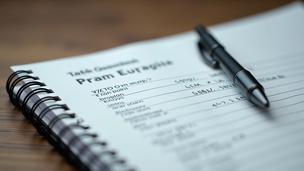 Close-up view of a notebook with financial notes and a pen