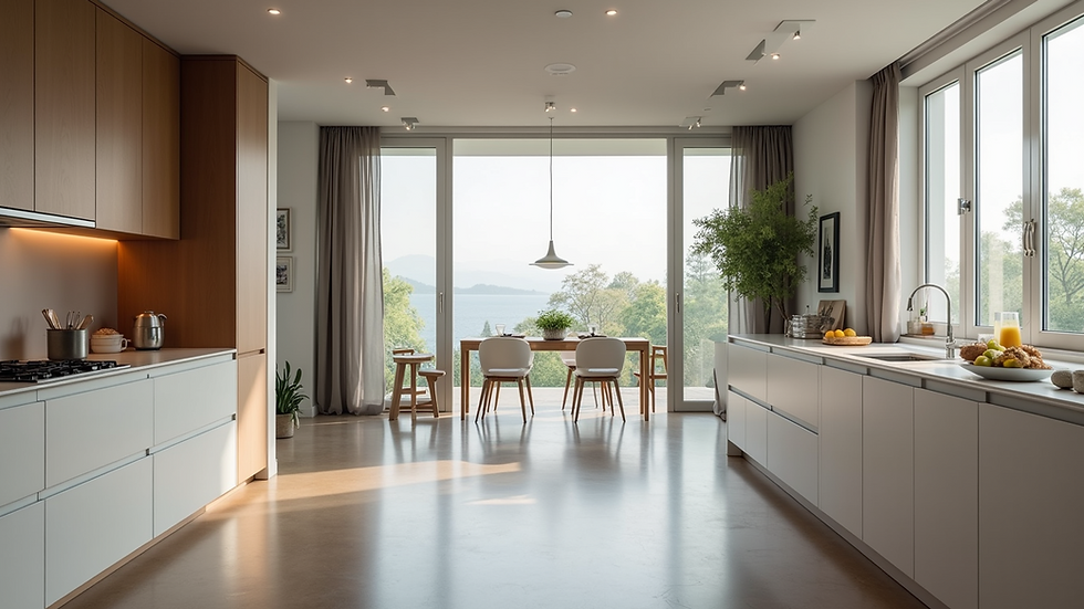 Eye-level view of a modern custom kitchen with sleek cabinetry and a spacious layout