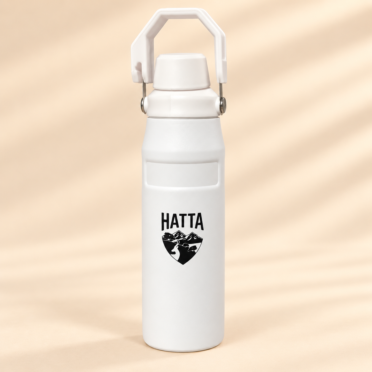 White StanSteel Hatta bottle with mountain logo and handle