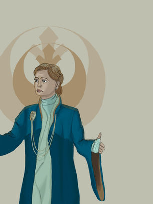 A drawing of Mon Mothma in front of an orange Star Wars Rebel Alliance logo