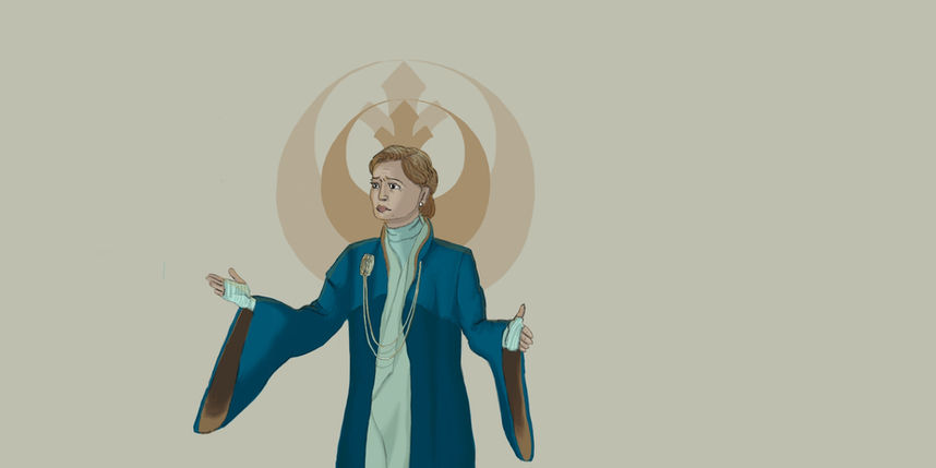 A drawing of Mon Mothma in front of an orange Star Wars Rebel Alliance logo