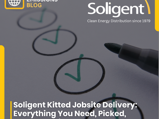 Soligent Beyond Emissions Blog promotional graphic featuring a checklist with green check marks and the title 'Soligent Kitted Jobsite Delivery: Everything You Need, Picked, Packed, Delivered