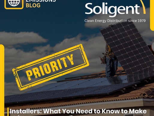 A solar installer works on a rooftop solar panel installation under a blue sky. The image features Soligent’s branding with the tagline “Clean Energy Distribution since 1979” and the Beyond Emissions Blog logo. A bold yellow "PRIORITY" stamp is overlaid across the center. At the bottom, text reads: "Installers: What You Need to Know to Make This Your Most Profitable Quarter Yet."