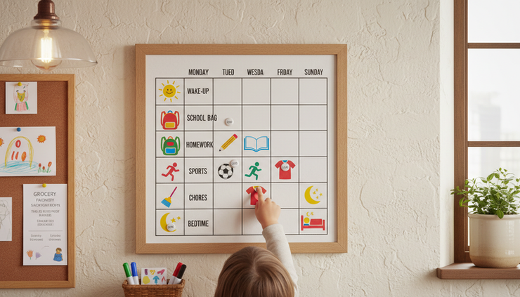 Vue à hauteur d’enfant d’un planning familial accroché au mur avec quelques pictogrammes simples.