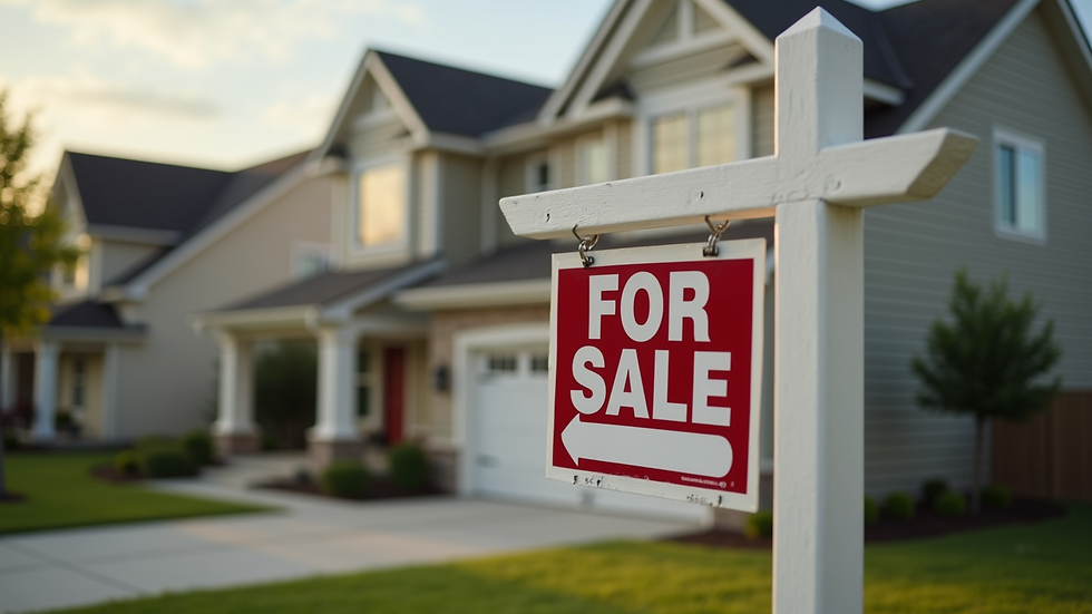 Close-up view of a rental property sign outside a suburban house