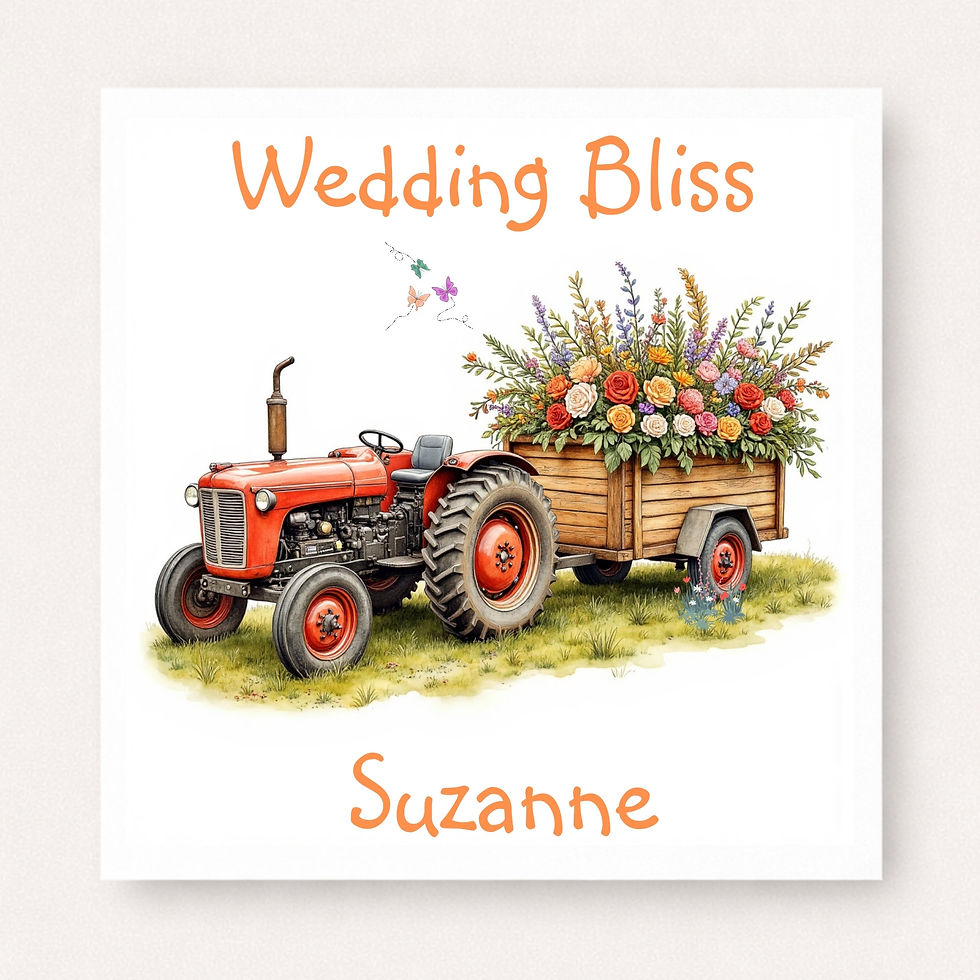 Personalised Wedding Card – Red Tractor with Floral Trailer
