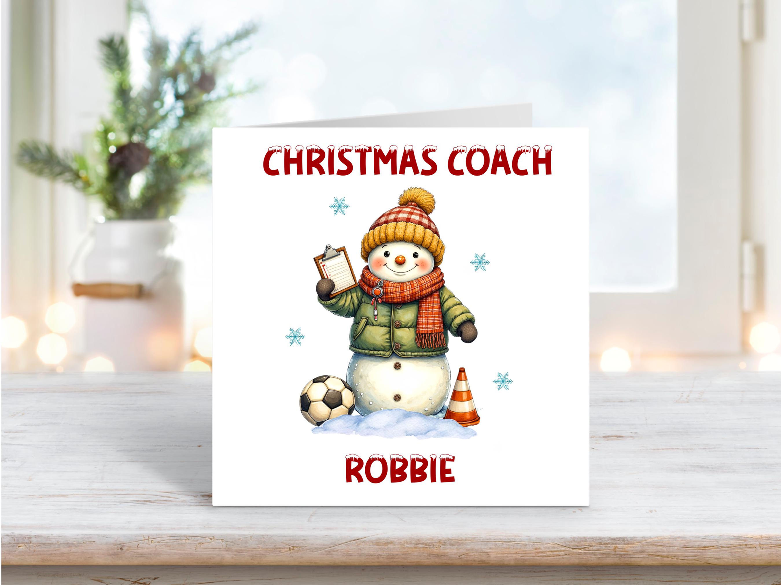 Personalised Christmas Coach Card – Snowman Football Coach Design