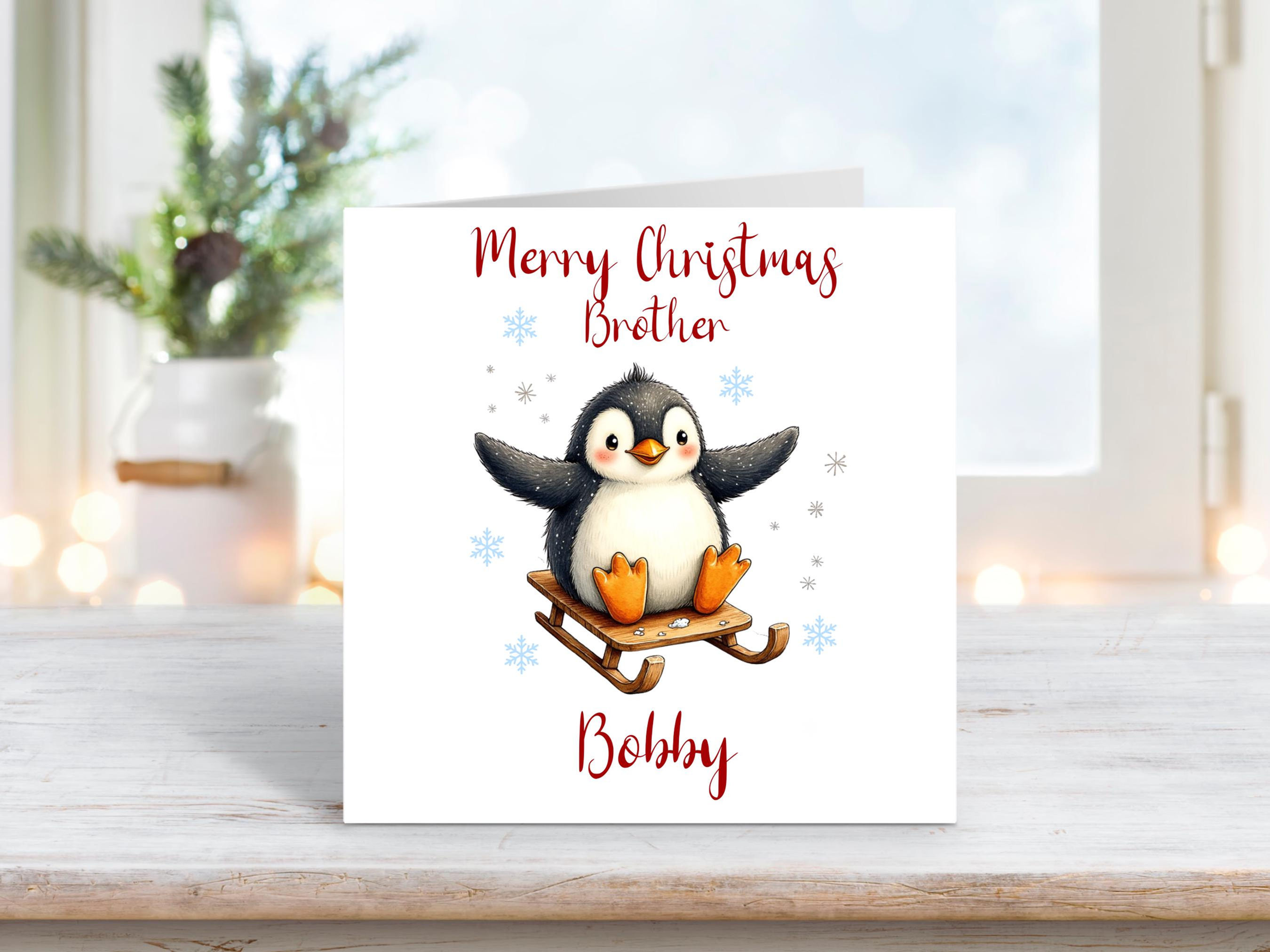Personalised Brother Christmas Card – Cute Penguin on Sled