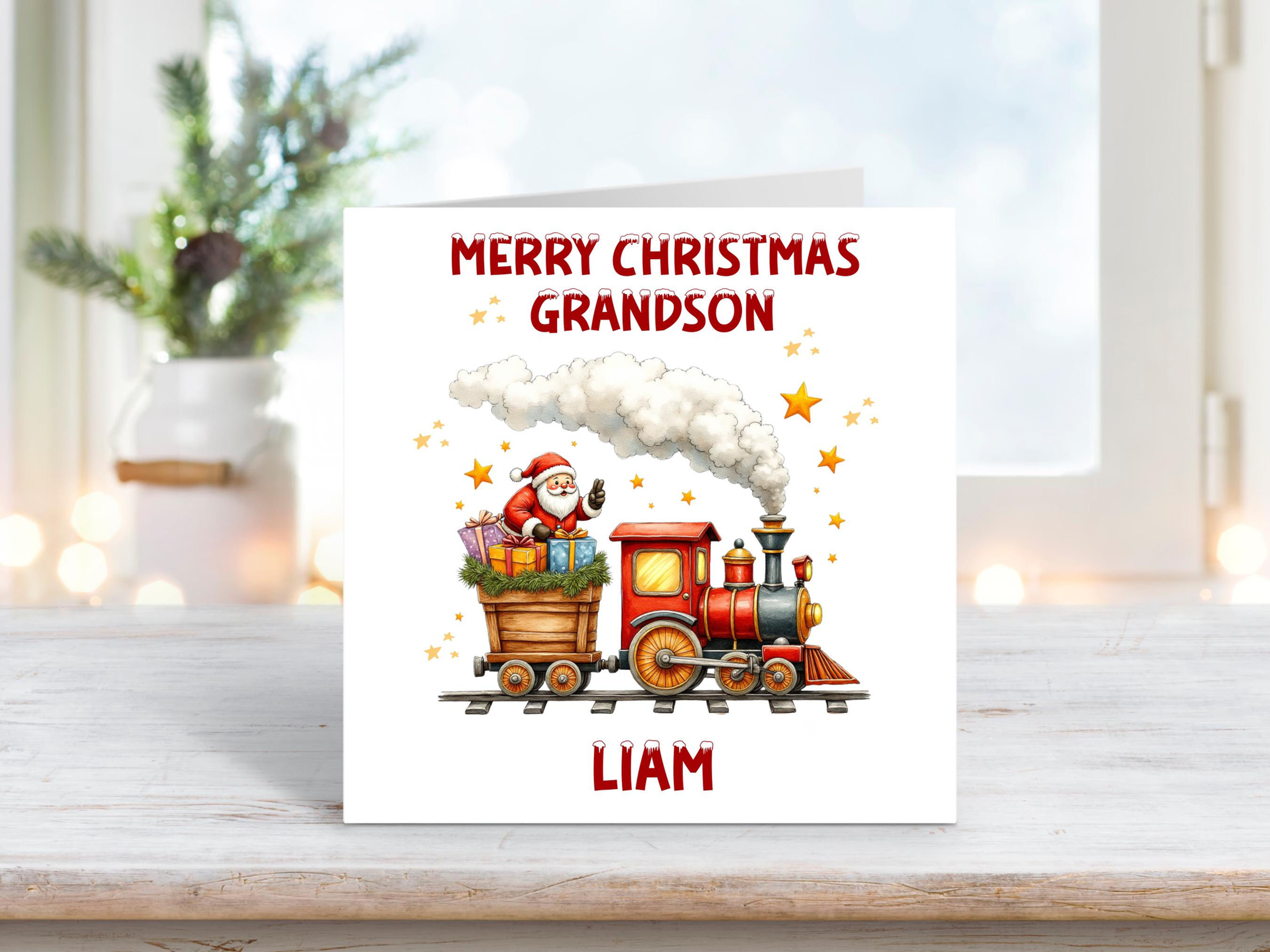 Personalised Grandson Christmas Card – Santa on Festive Train