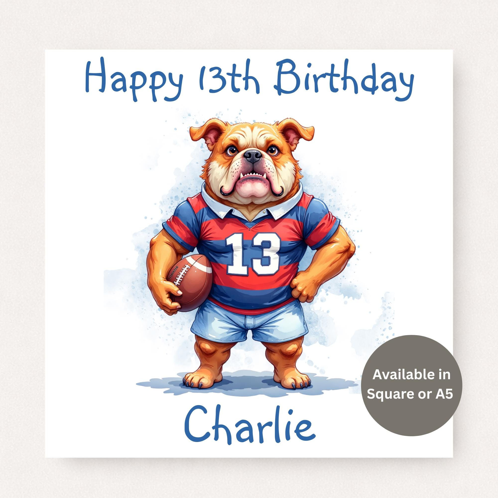 Personalised Rugby Birthday Card – Bulldog Rugby Player Design, Custom Name