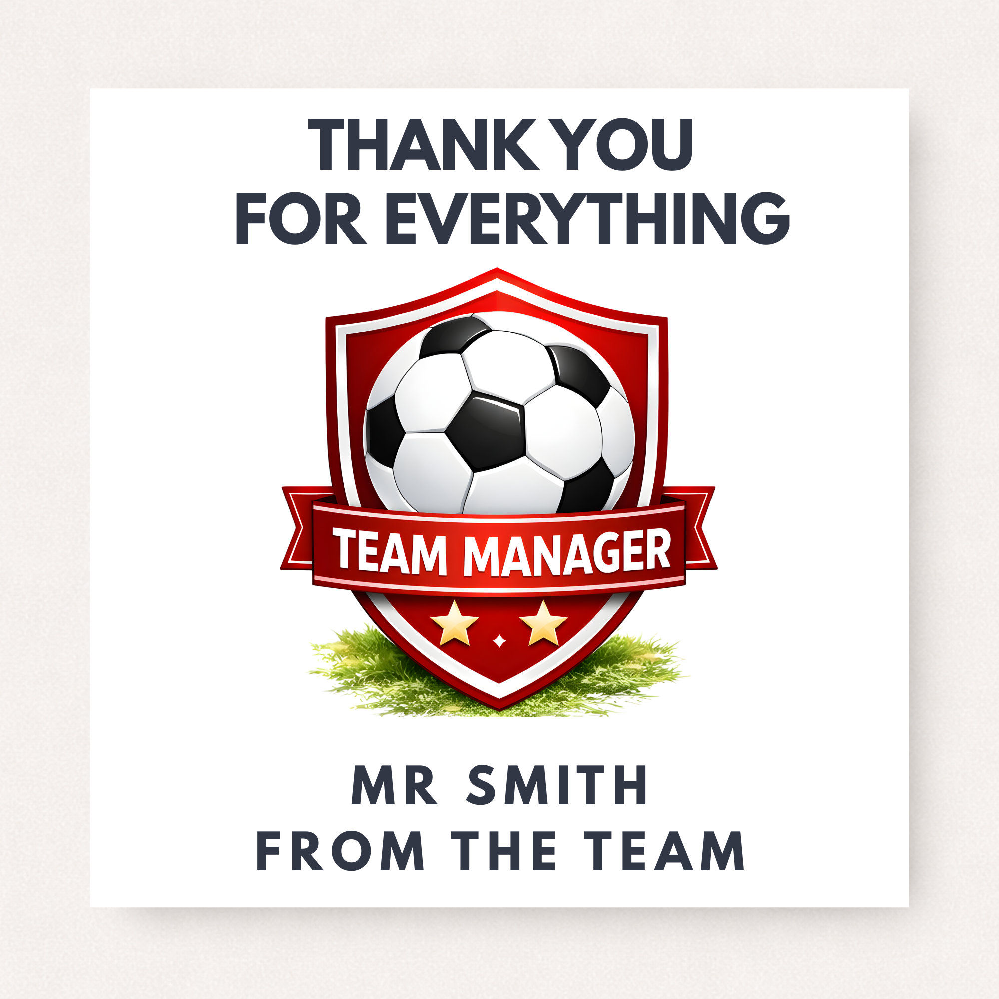 Personalised football team manager thank you card with red shield badge, soccer ball emblem and custom name from the team