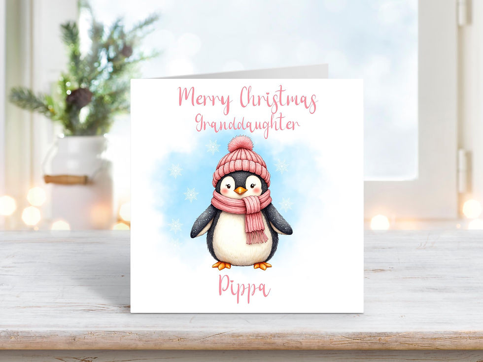Personalised Granddaughter Christmas Card – Cute Penguin in Pink Hat and Scarf